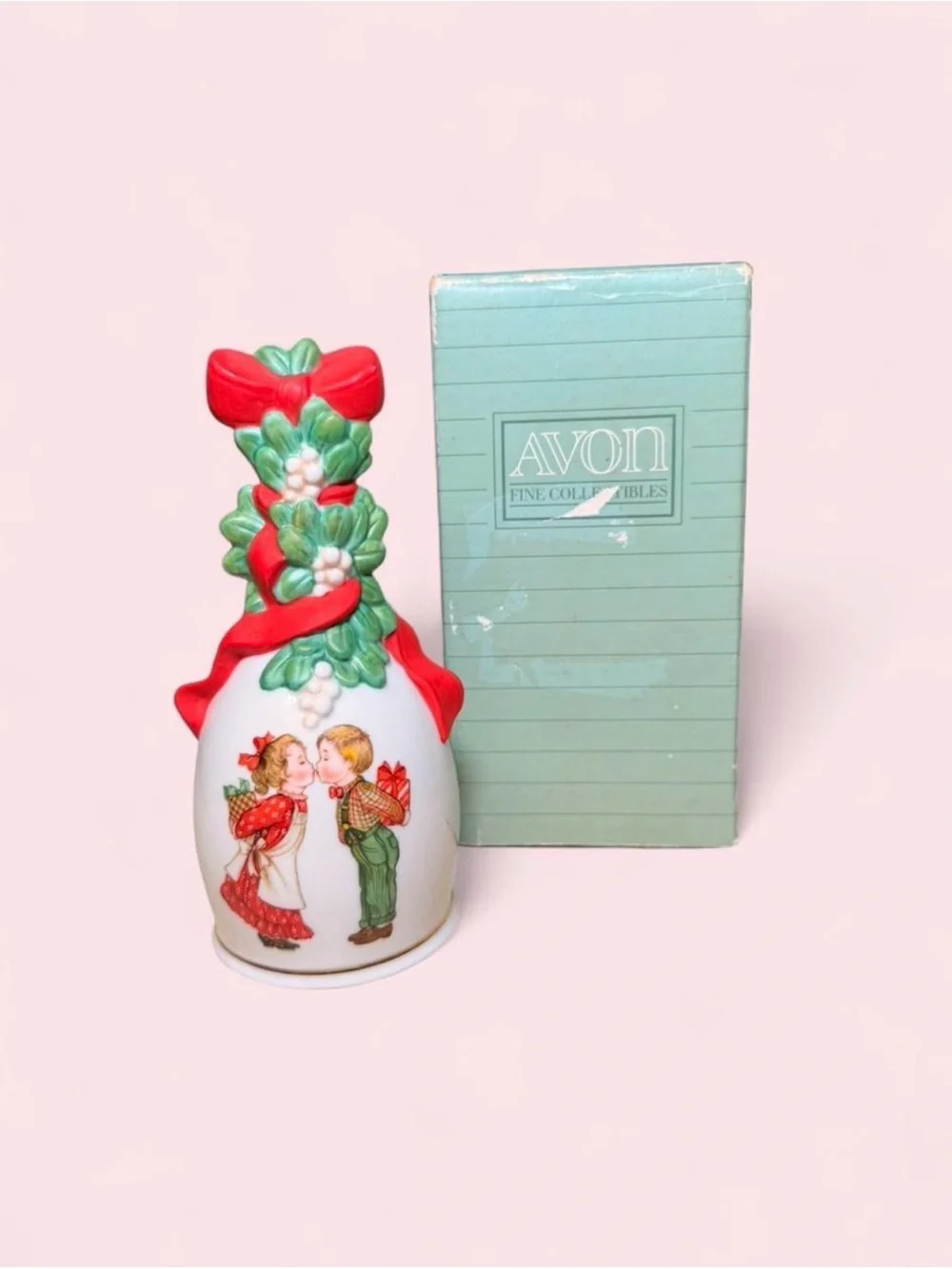 Vintage 1989 Avon Under the Mistletoe Porcelain Christmas Bell NIB Collectible